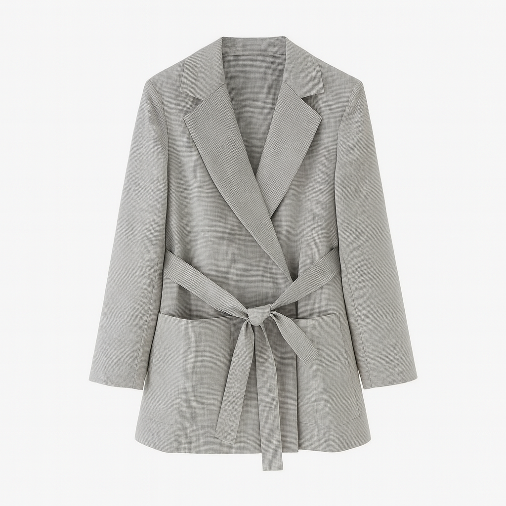 A blazer with long sleeves, a wide notched lapel, and a waist tie belt.