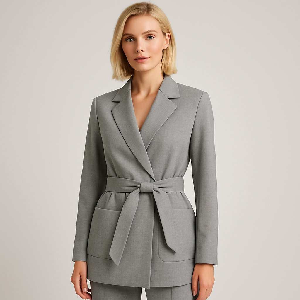 A blazer with long sleeves, a wide notched lapel, and a waist tie belt.