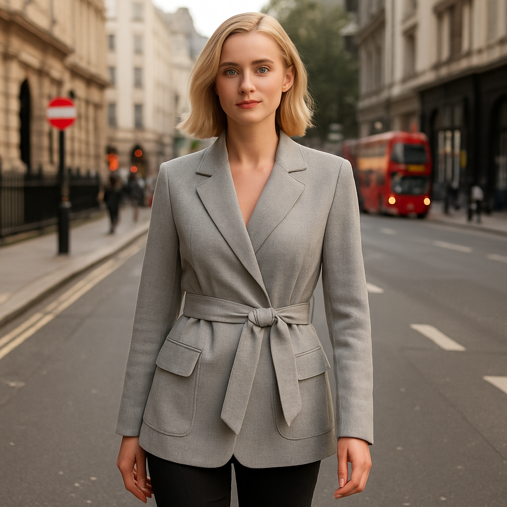 A blazer with long sleeves, a wide notched lapel, and a waist tie belt.