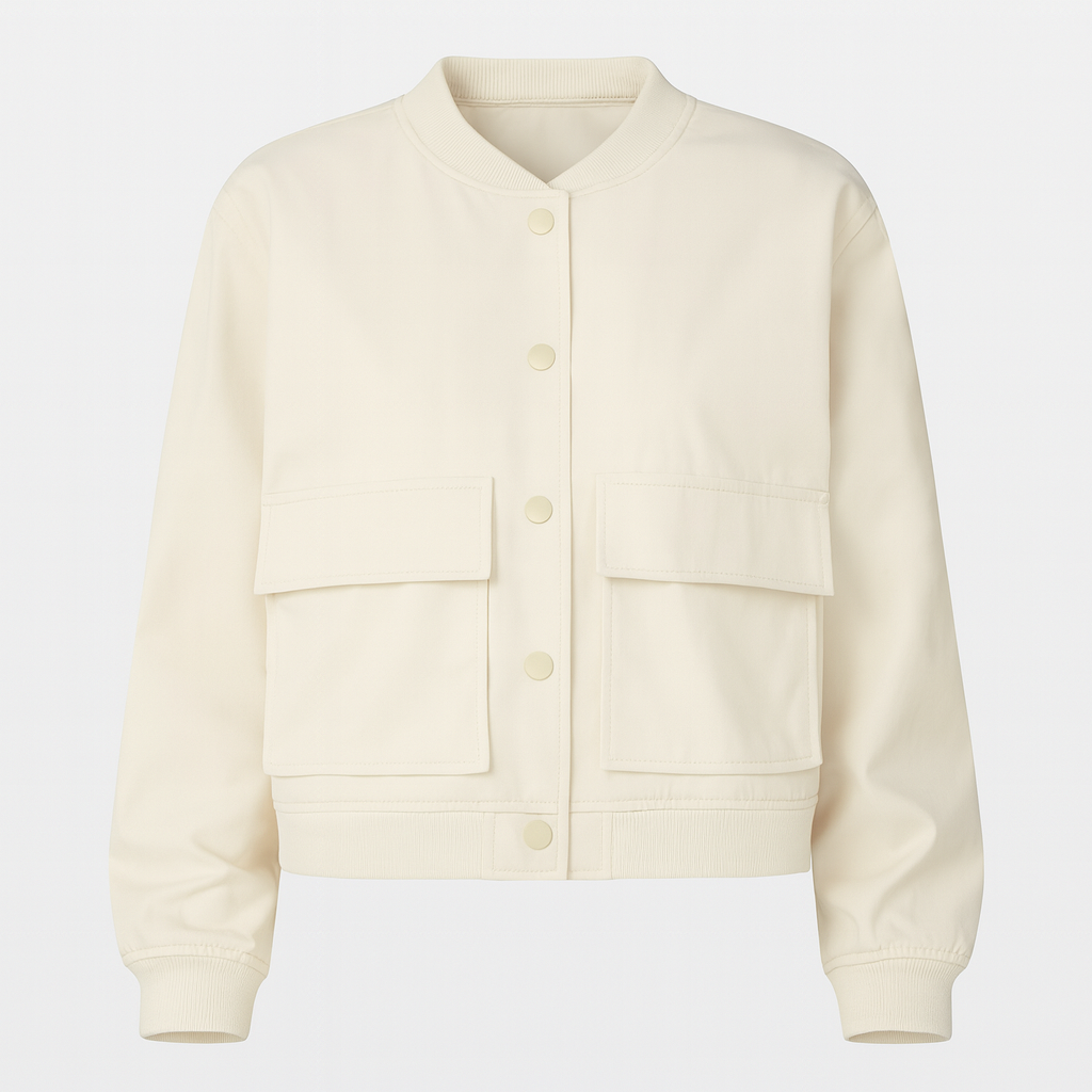 A cropped utility jacket with a round neckline, snap-button front, oversized flap pockets, and long sleeves with elastic cuffs.