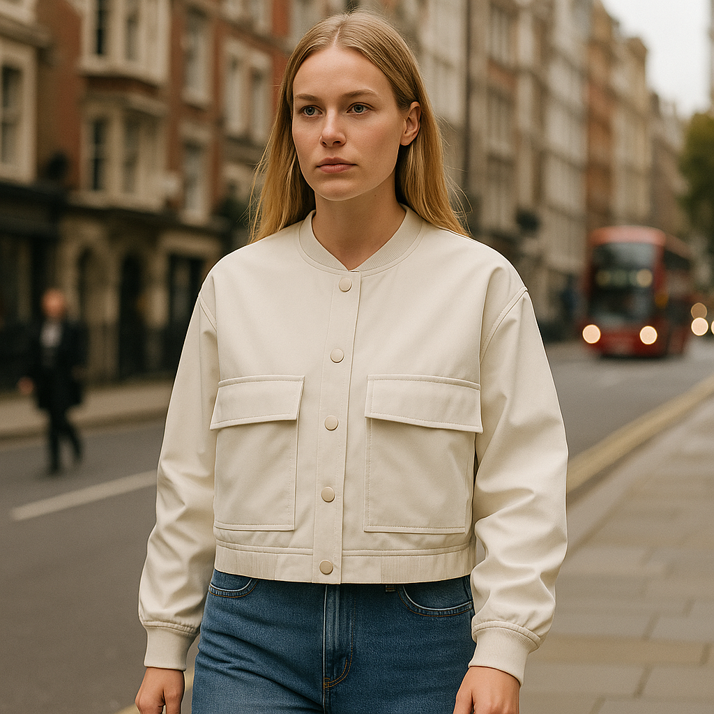 A cropped utility jacket with a round neckline, snap-button front, oversized flap pockets, and long sleeves with elastic cuffs.