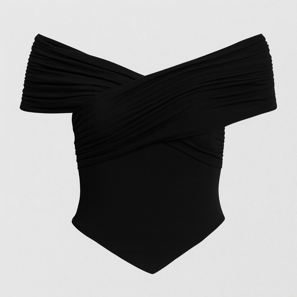 Black off shoulder wrap top with short sleeves and pointed hem, styled with denim shorts for a modern casual look