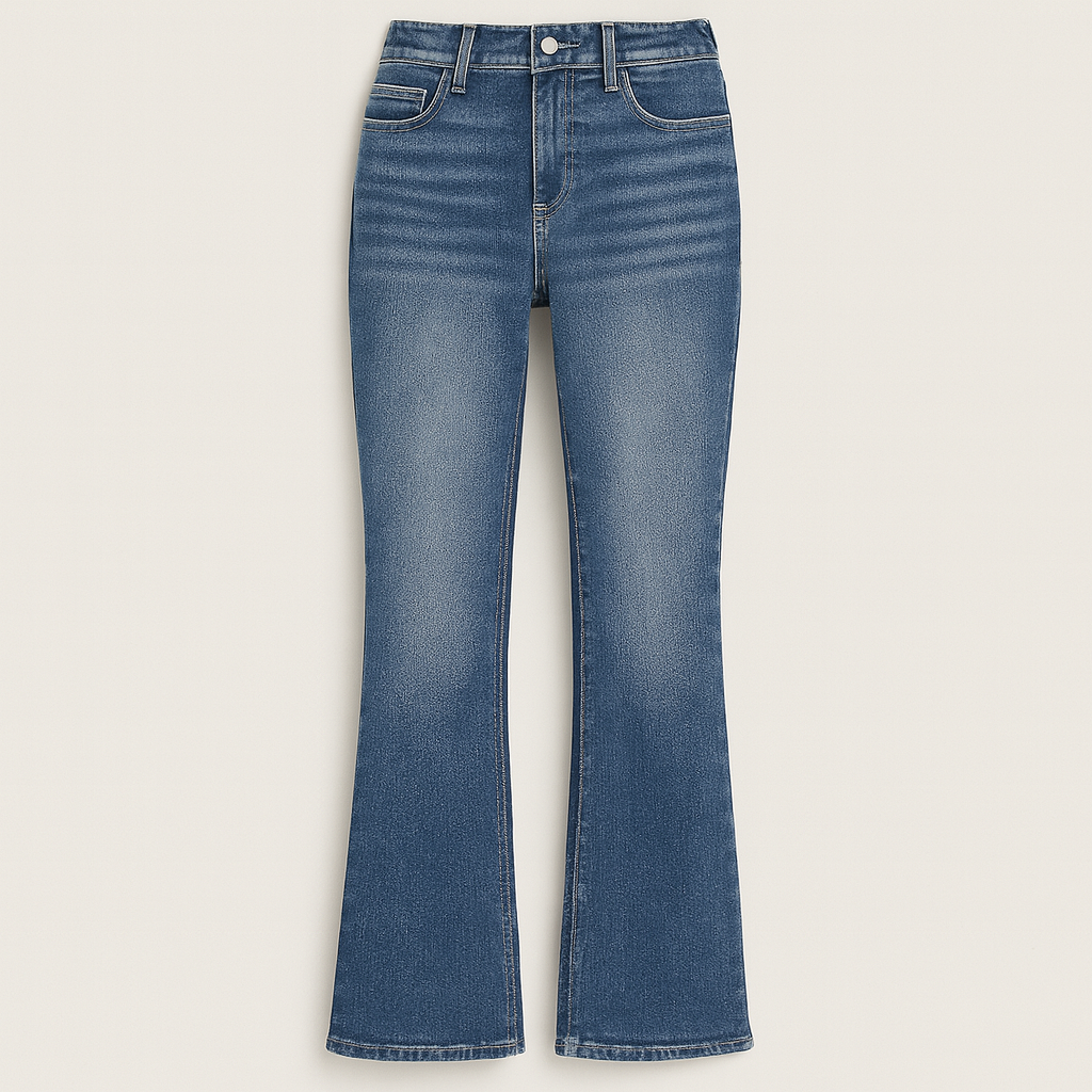 Classic blue high-rise flare jeans with faded wash and full-length silhouette, styled for timeless everyday looks