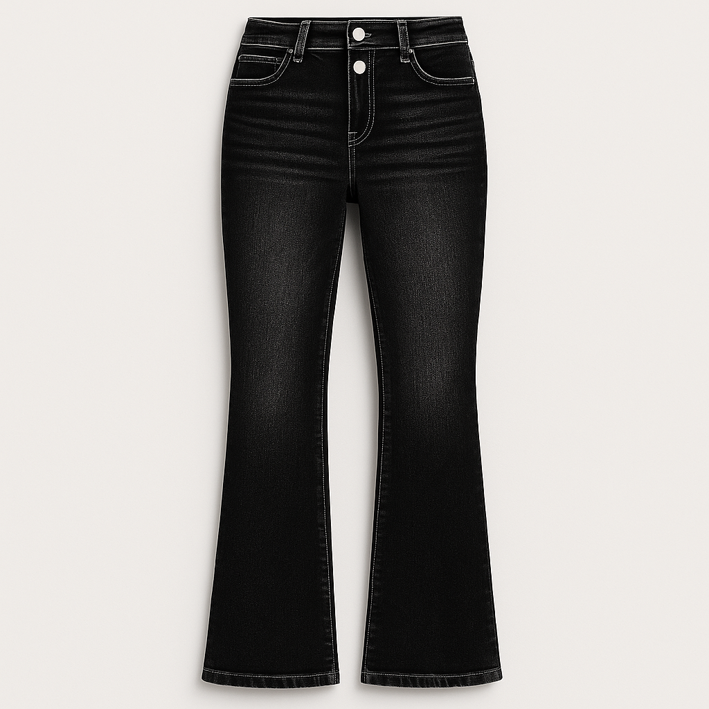Classic blue high-rise flare jeans with faded wash and full-length silhouette, styled for timeless everyday looks