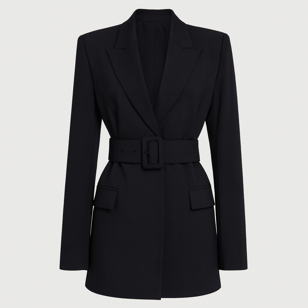 A structured blazer with long sleeves, a belted waist, and a notched lapel neckline.