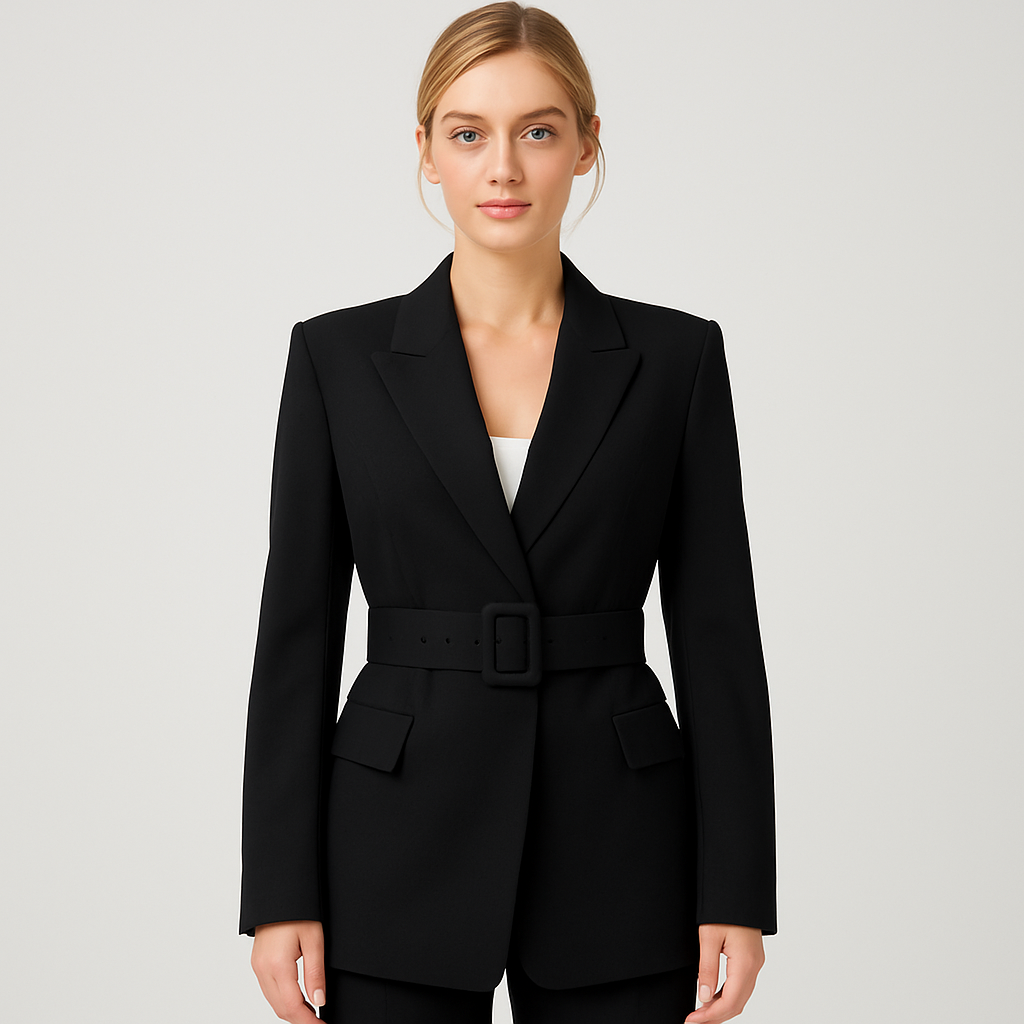 A structured blazer with long sleeves, a belted waist, and a notched lapel neckline.