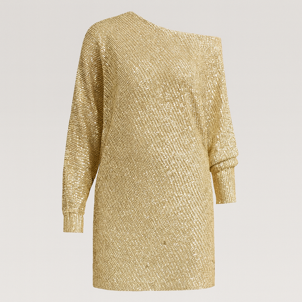 Sequin mini dress with one-shoulder neckline, long sleeves, and straight skirt.