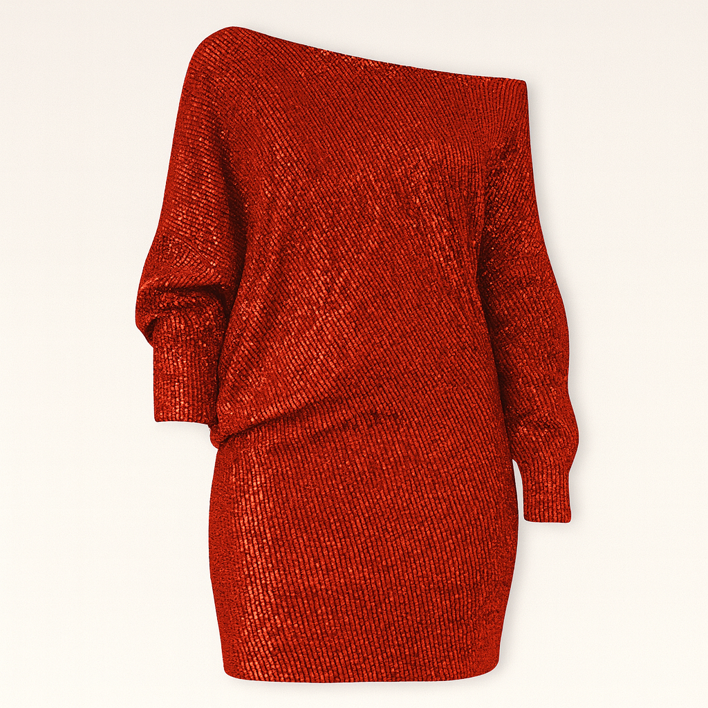 Sequin mini dress with one-shoulder neckline, long sleeves, and straight skirt.
