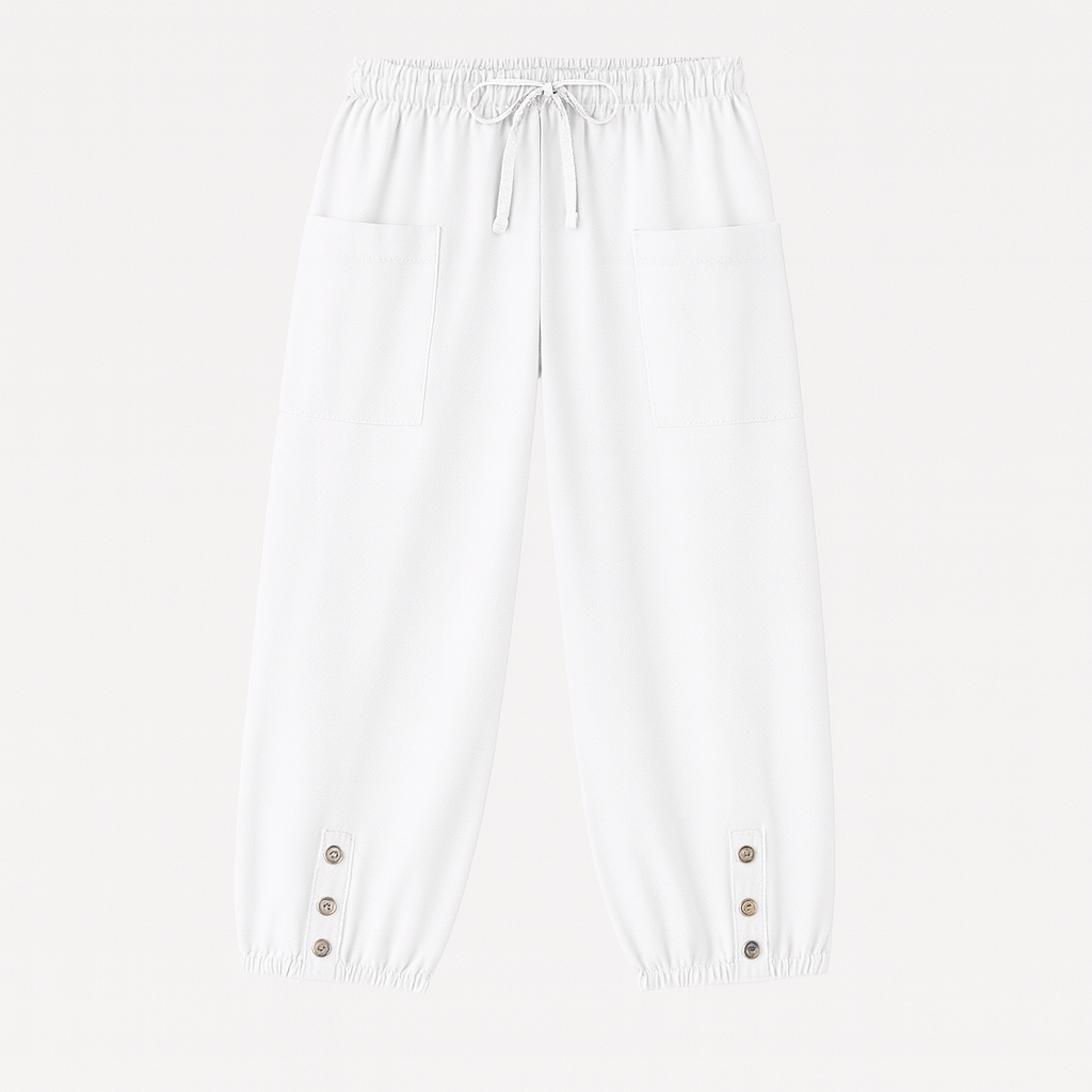 Relaxed jogger pants with elastic waistband, patch pockets, and buttoned hem details, styled for casual everyday wear