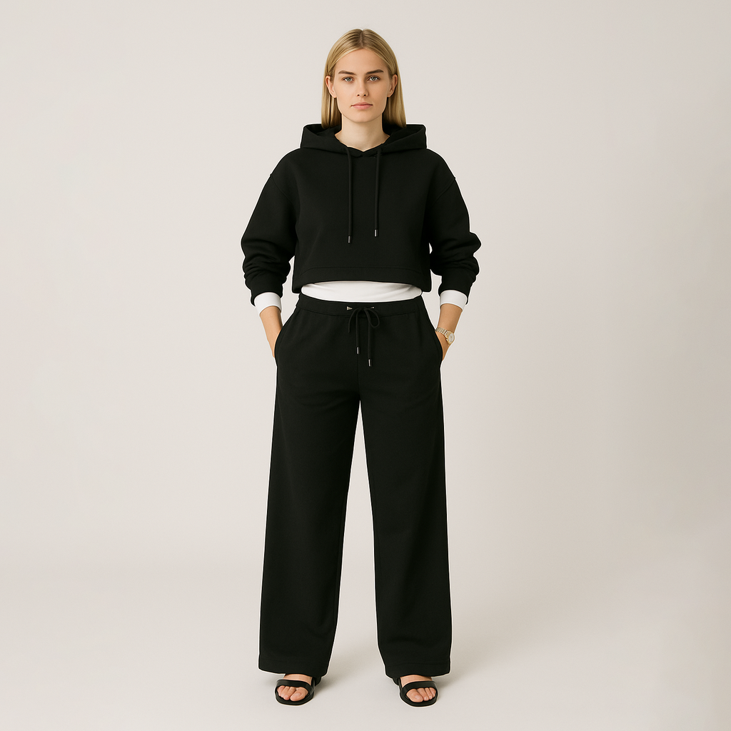 Wide-leg lounge pants with drawstring waist and relaxed fit, styled for everyday comfort and casual looks