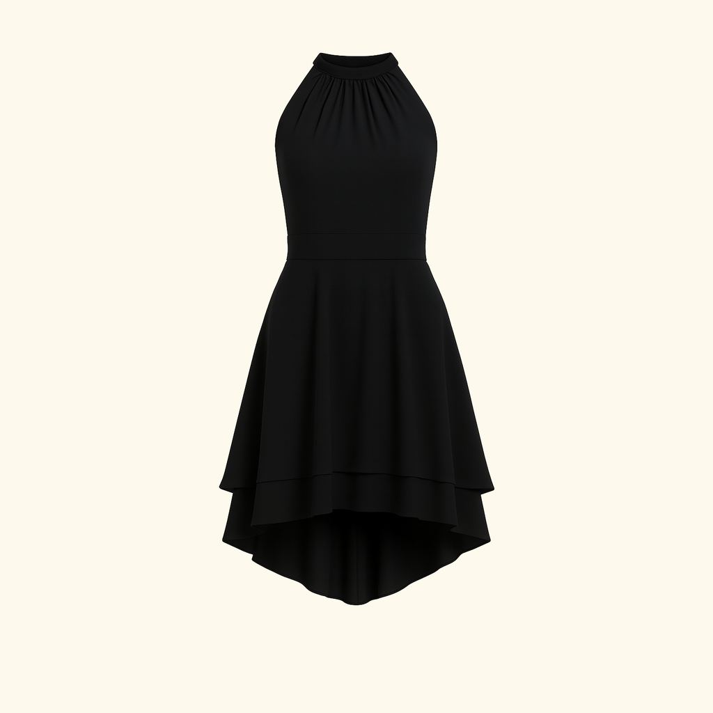 Halter dress with high neckline, fitted bodice, and high-low hem, styled for cocktail and evening wear