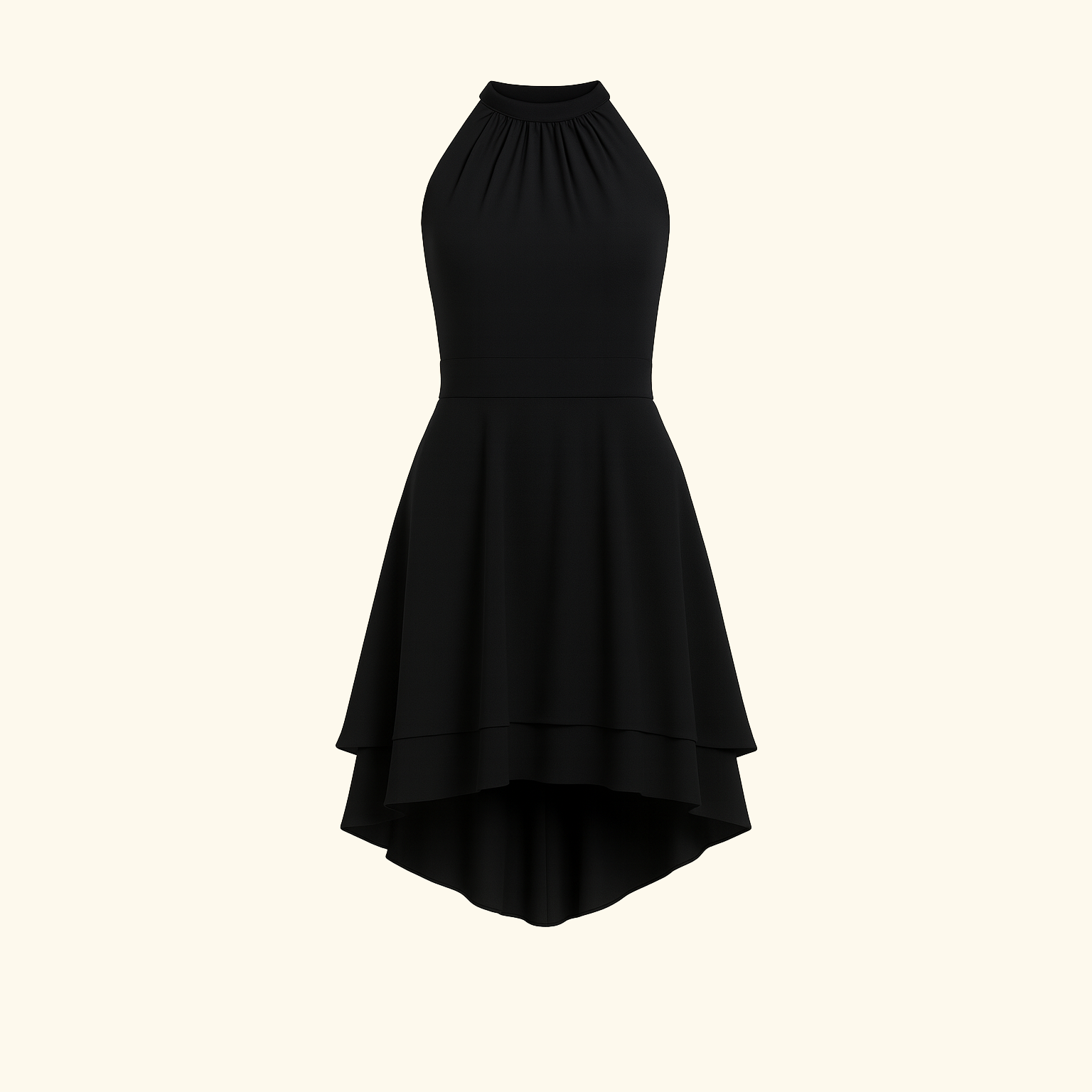 Halter dress with high neckline, fitted bodice, and high-low hem, styled for cocktail and evening wear