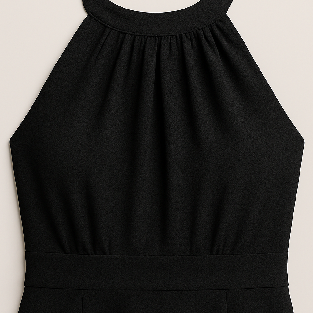 Halter dress with high neckline, fitted bodice, and high-low hem, styled for cocktail and evening wear