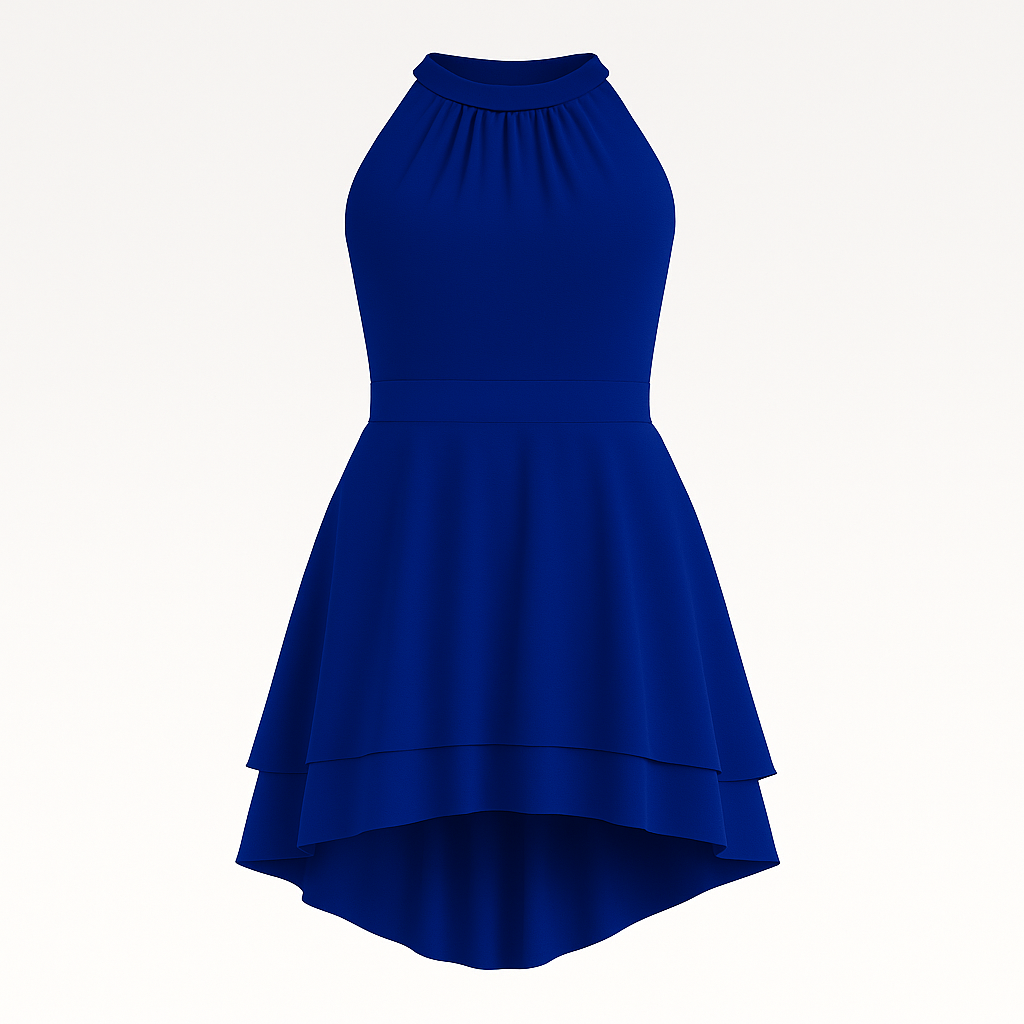 Halter dress with high neckline, fitted bodice, and high-low hem, styled for cocktail and evening wear