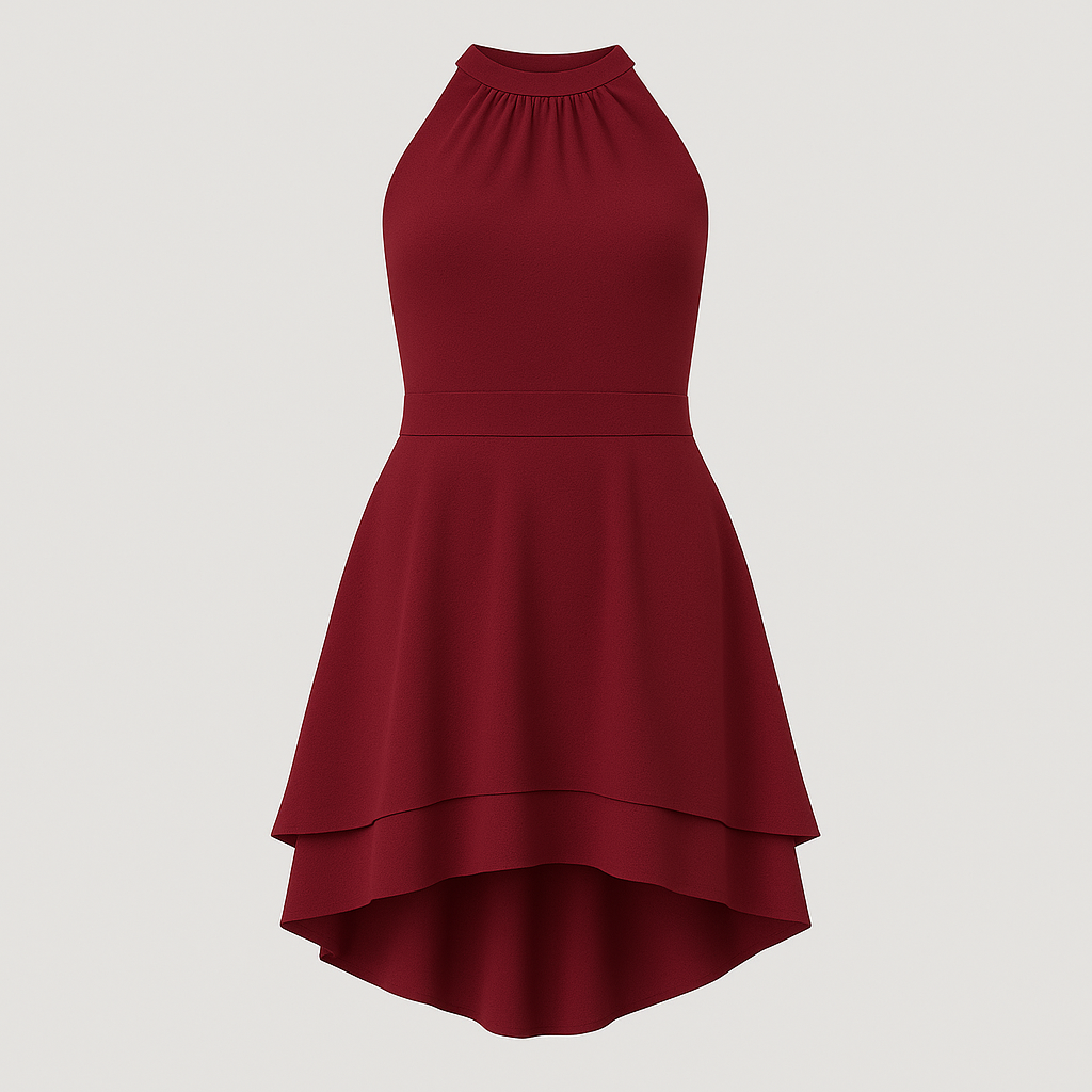 Halter dress with high neckline, fitted bodice, and high-low hem, styled for cocktail and evening wear