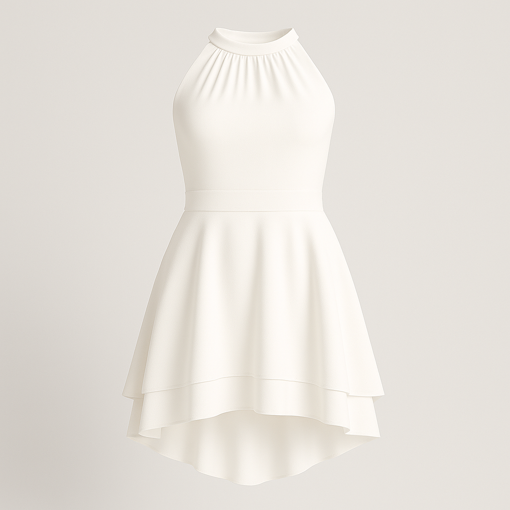 Halter dress with high neckline, fitted bodice, and high-low hem, styled for cocktail and evening wear