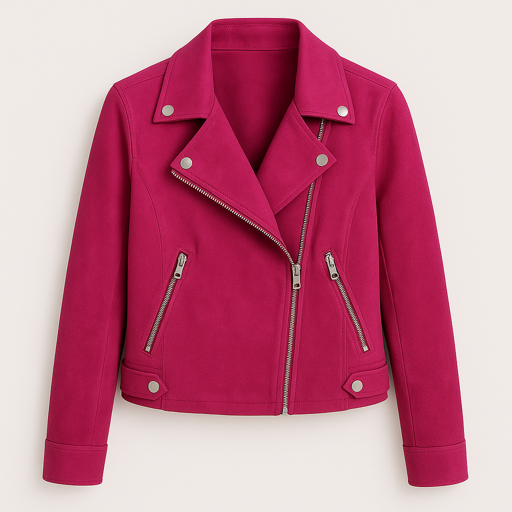 Asymmetrical zip biker jacket with wide lapels, snap-button details, and zippered side pockets.