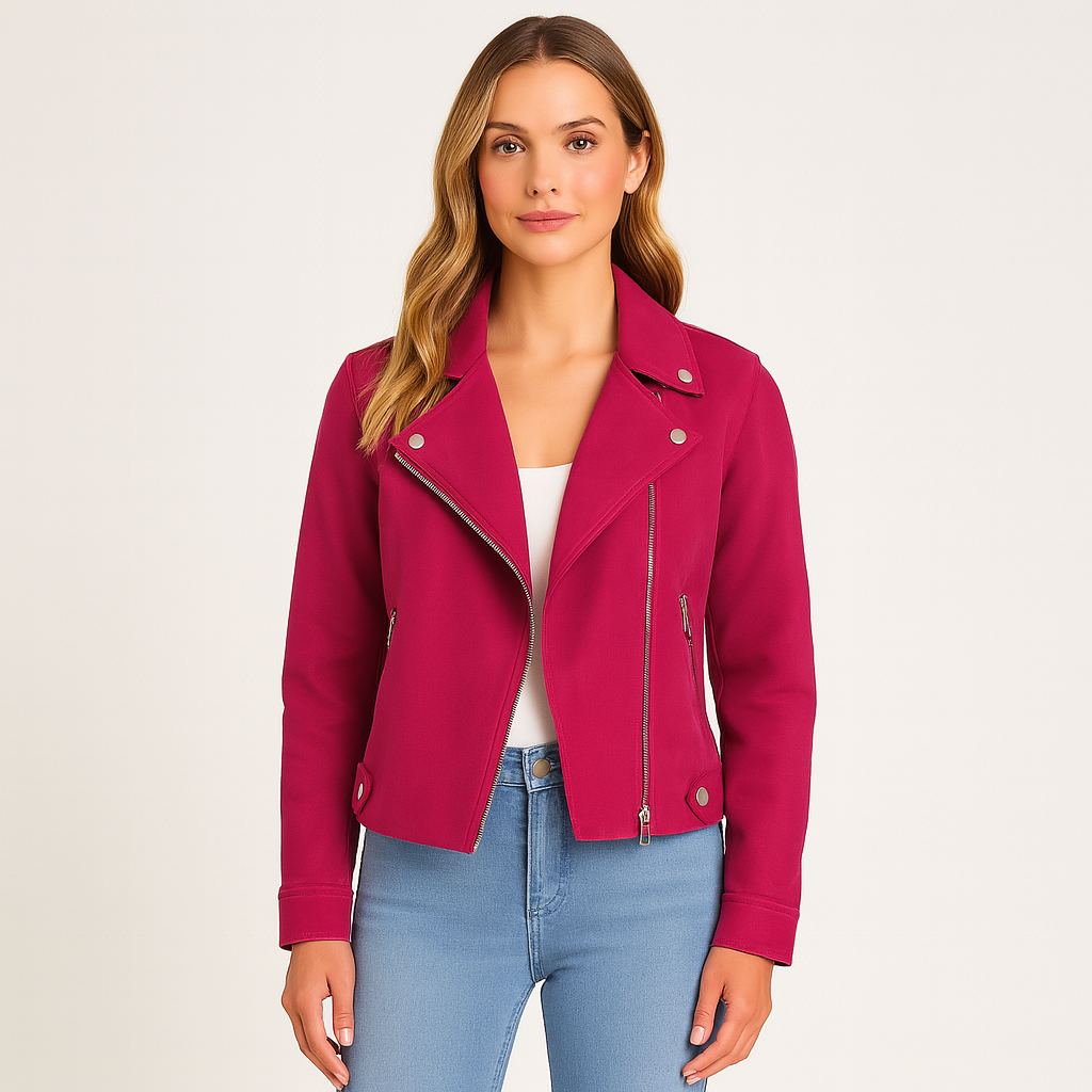 Asymmetrical zip biker jacket with wide lapels, snap-button details, and zippered side pockets.