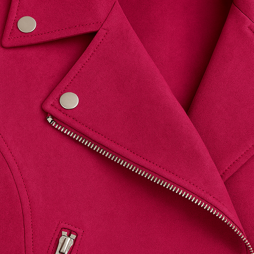 Asymmetrical zip biker jacket with wide lapels, snap-button details, and zippered side pockets.