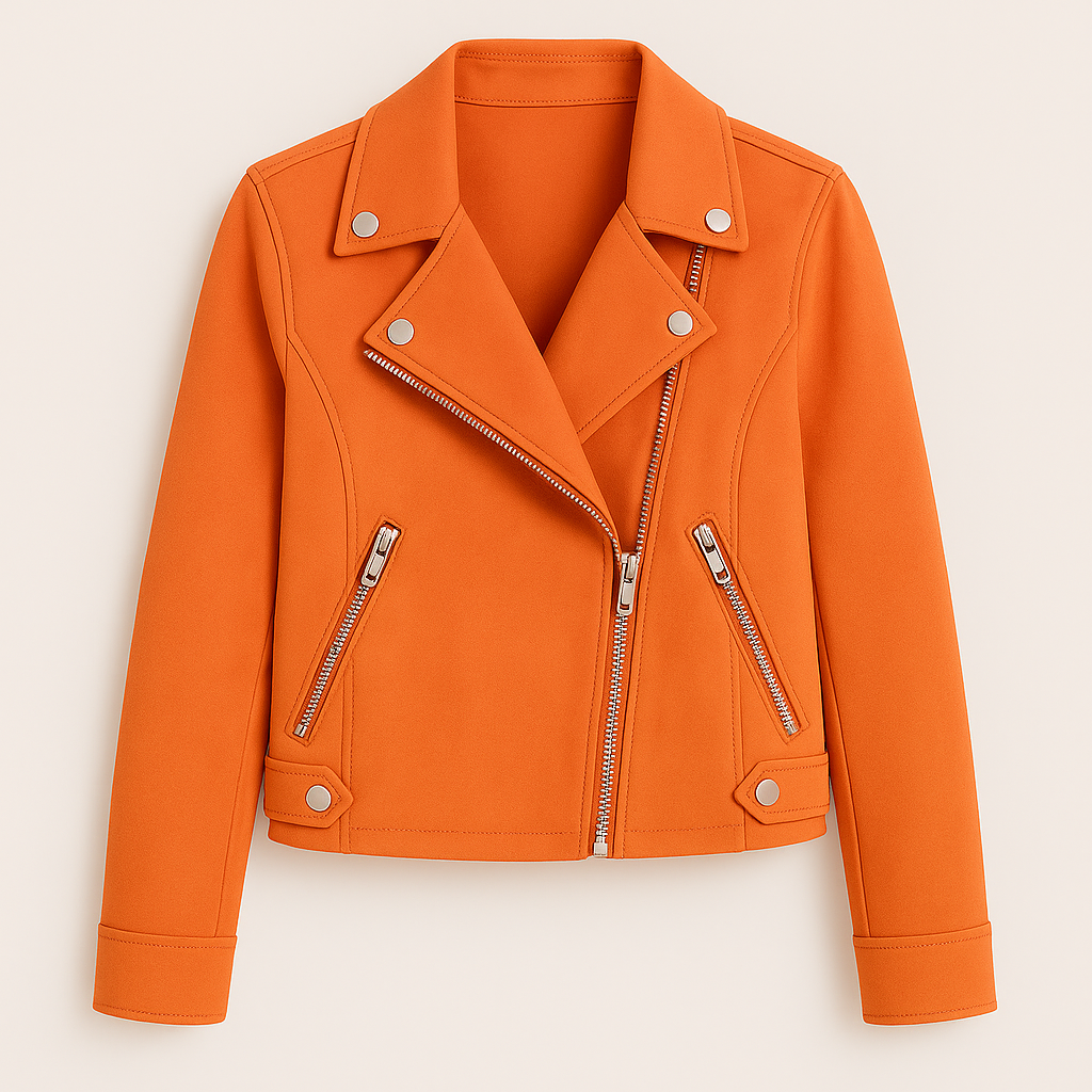 Asymmetrical zip biker jacket with wide lapels, snap-button details, and zippered side pockets.