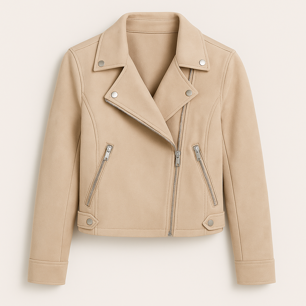 Asymmetrical zip biker jacket with wide lapels, snap-button details, and zippered side pockets.