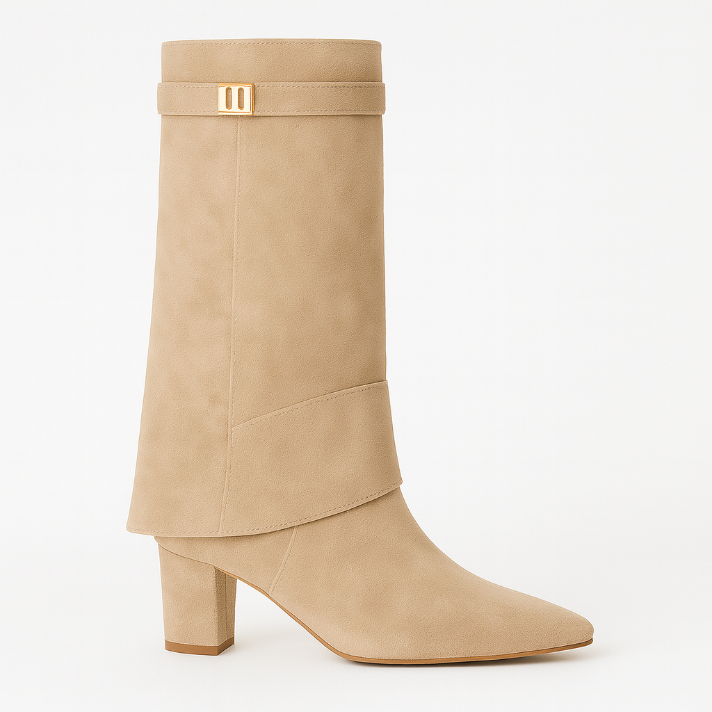 Over-the-knee suede boots with pointed toes, side zips, wide folded cuffs, and decorative metal accents.