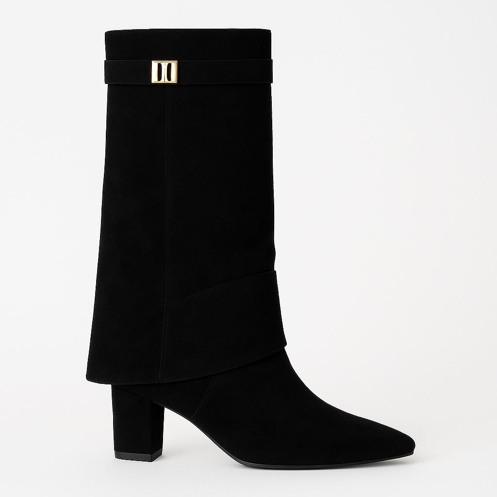 Over-the-knee suede boots with pointed toes, side zips, wide folded cuffs, and decorative metal accents.