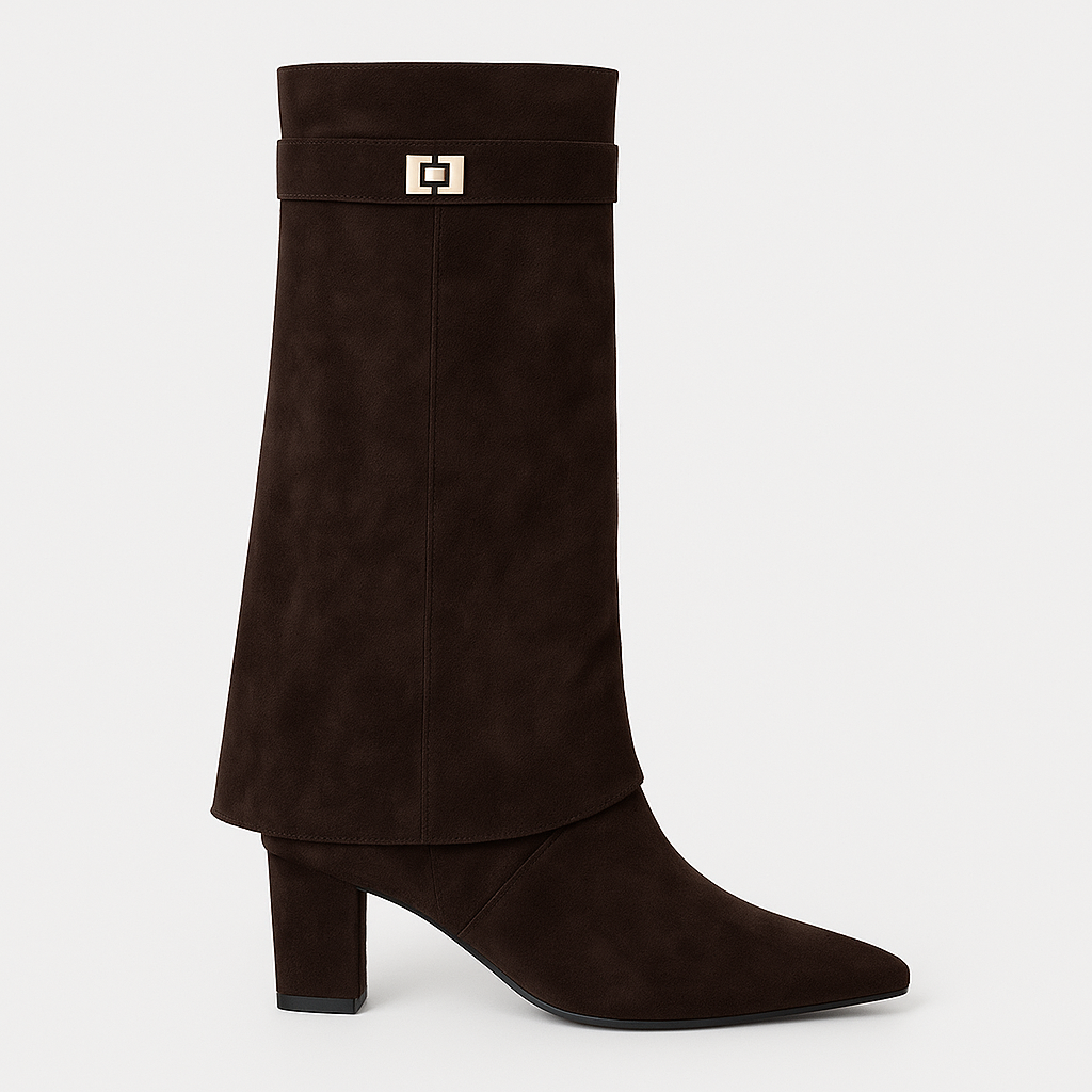 Over-the-knee suede boots with pointed toes, side zips, wide folded cuffs, and decorative metal accents.