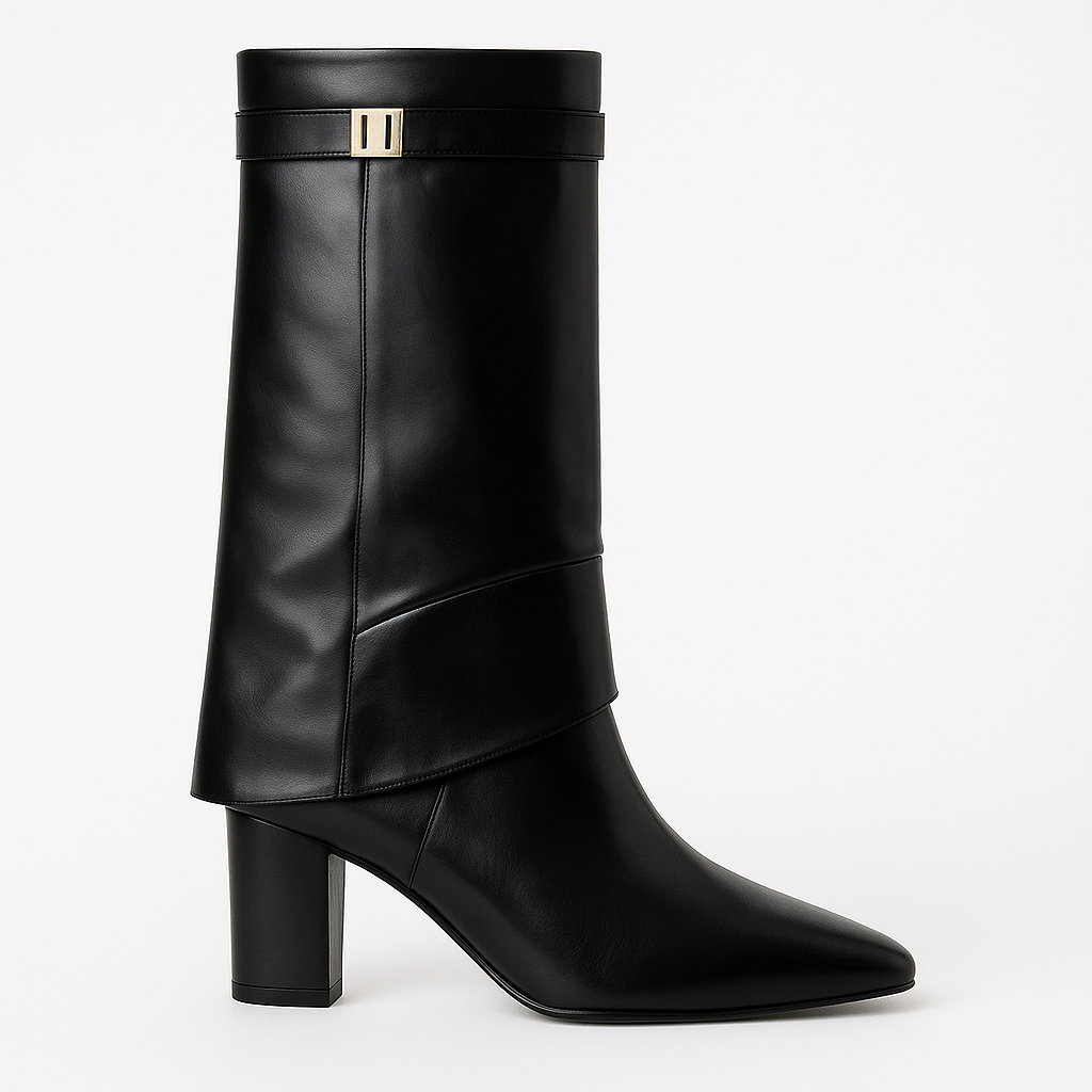 Over-the-knee suede boots with pointed toes, side zips, wide folded cuffs, and decorative metal accents.