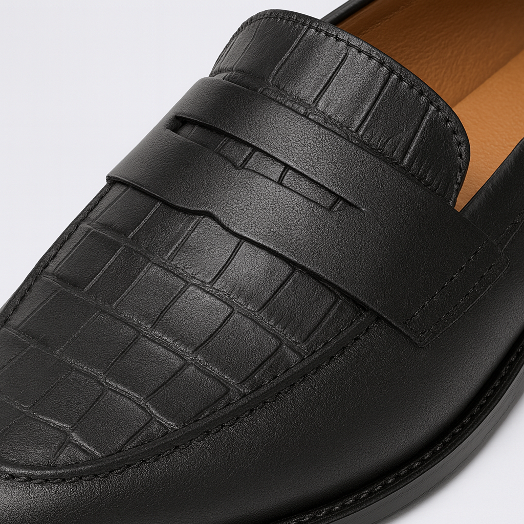 Penny loafer with textured upper, rounded toe, and low stacked heel.