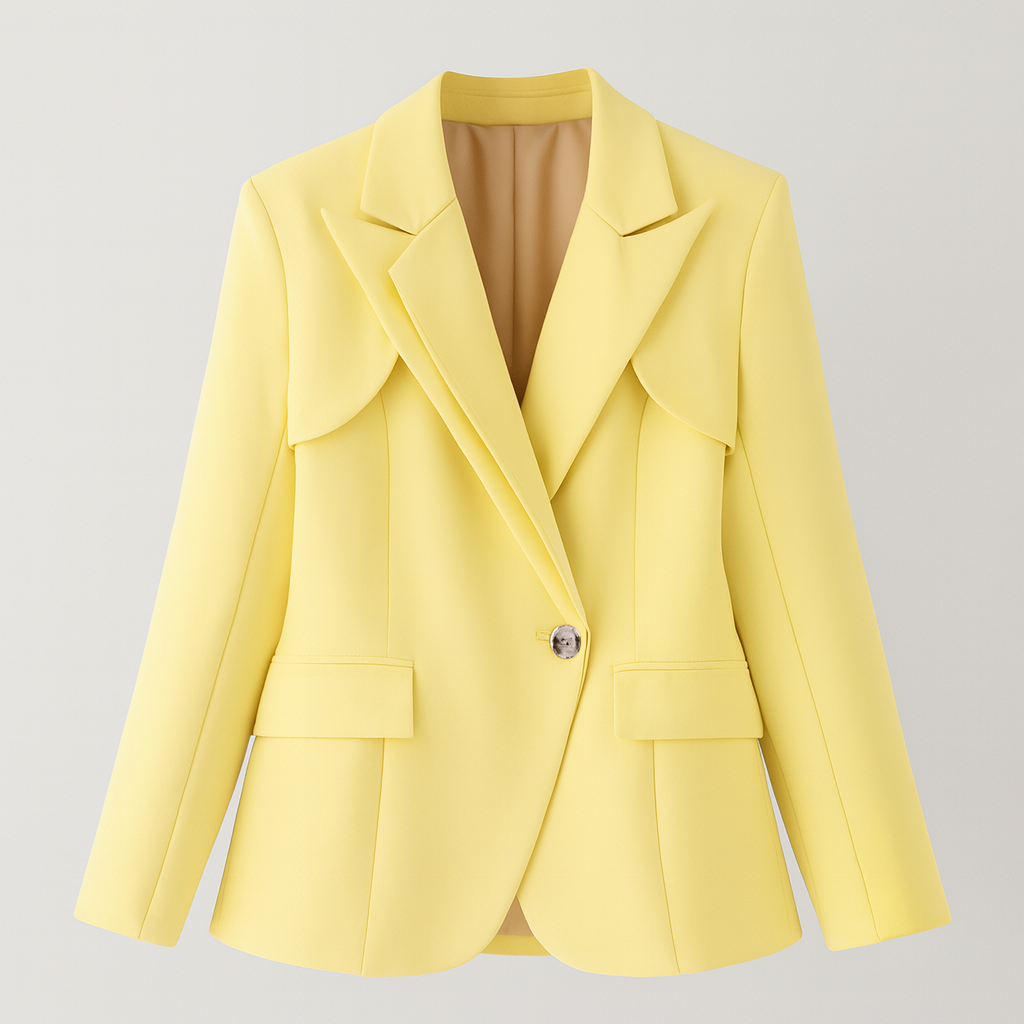 Bright yellow structured blazer with notched lapel and single button closure, featuring front flap pockets