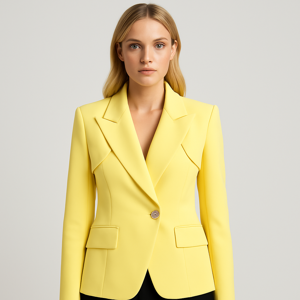 Bright yellow structured blazer with notched lapel and single button closure, featuring front flap pockets