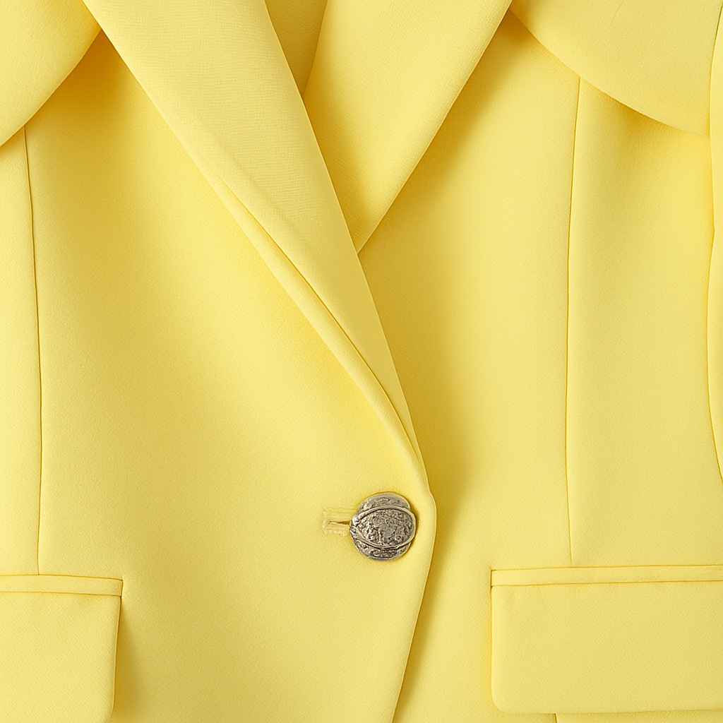 Bright yellow structured blazer with notched lapel and single button closure, featuring front flap pockets