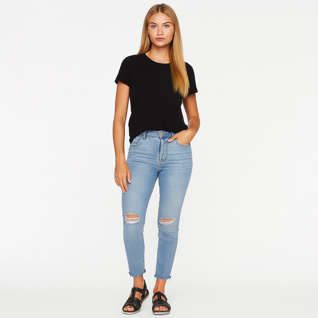 Wedge sandal with multiple straps, front knot detail, and contrast stitching.