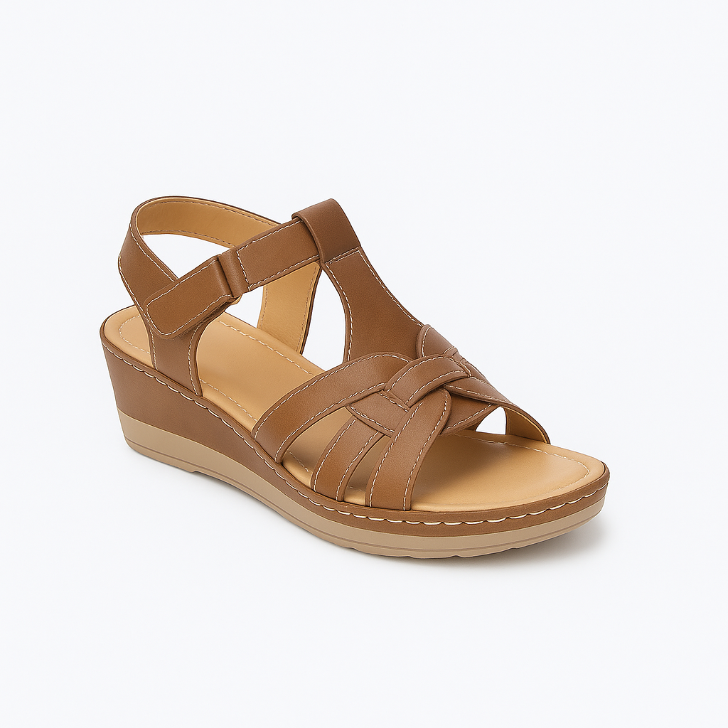 Wedge sandal with multiple straps, front knot detail, and contrast stitching.