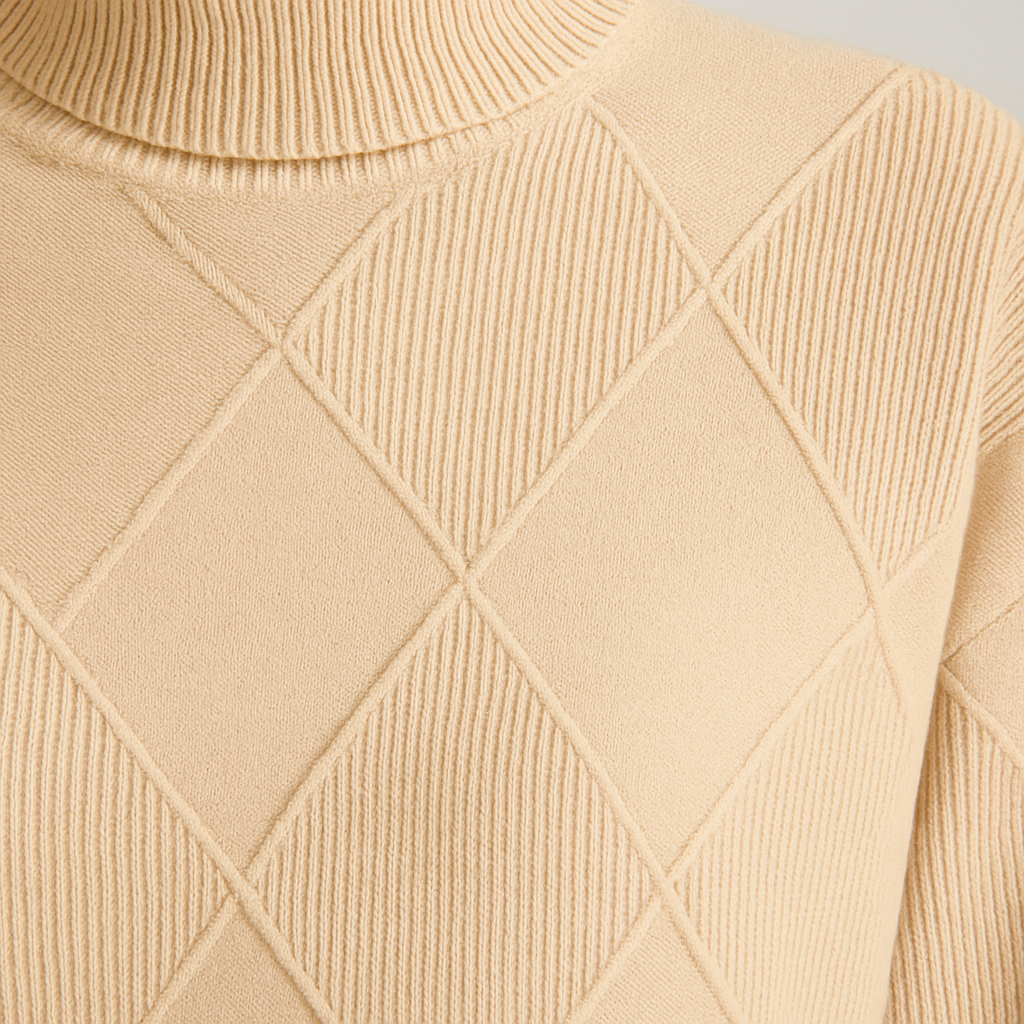Textured knit turtleneck sweater with long sleeves and geometric diamond pattern.