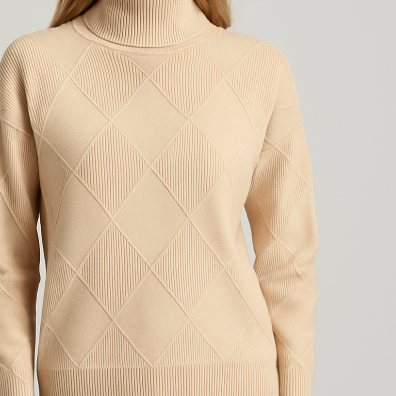 Textured knit turtleneck sweater with long sleeves and geometric diamond pattern.