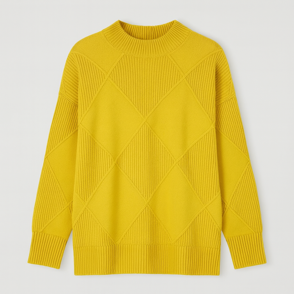 Textured knit turtleneck sweater with long sleeves and geometric diamond pattern.