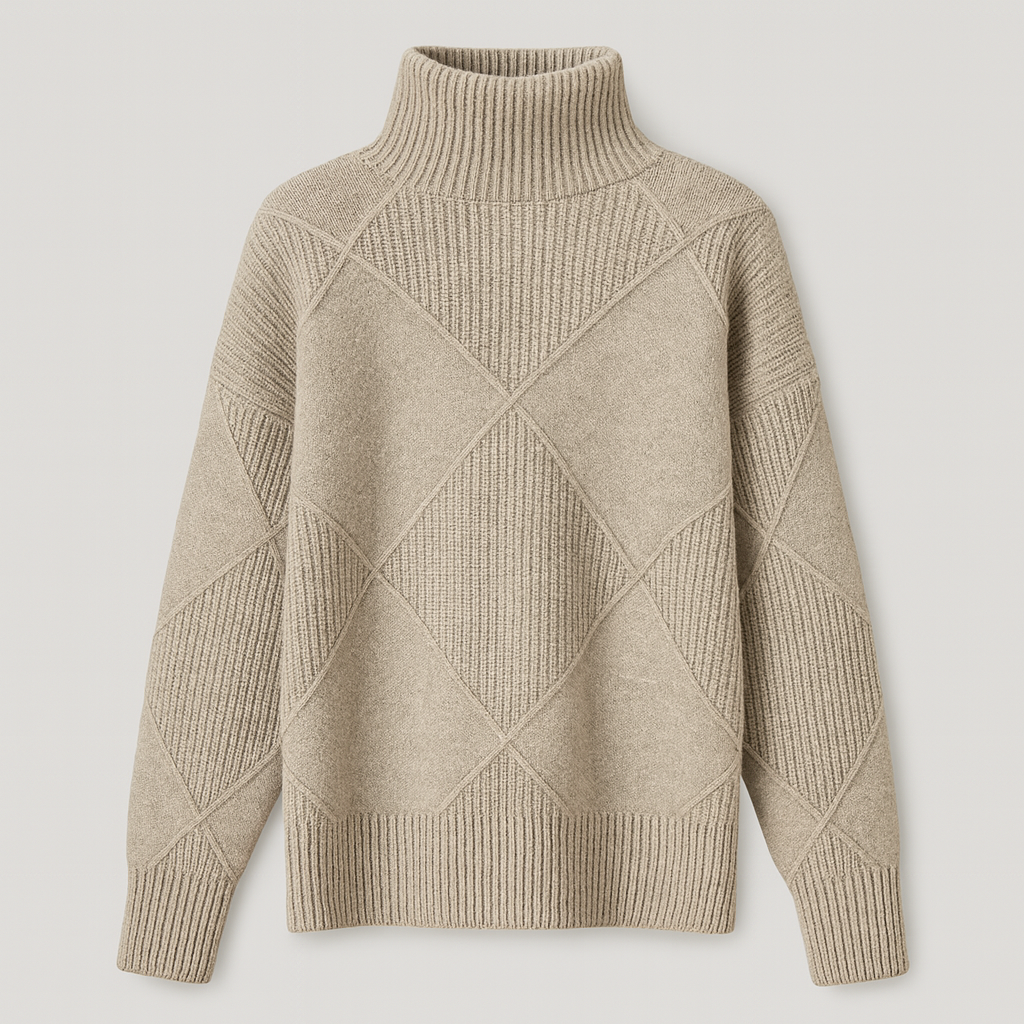 Textured knit turtleneck sweater with long sleeves and geometric diamond pattern.