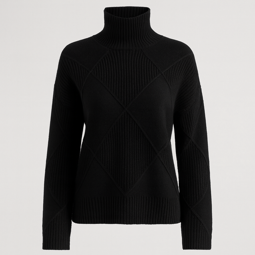 Textured knit turtleneck sweater with long sleeves and geometric diamond pattern.