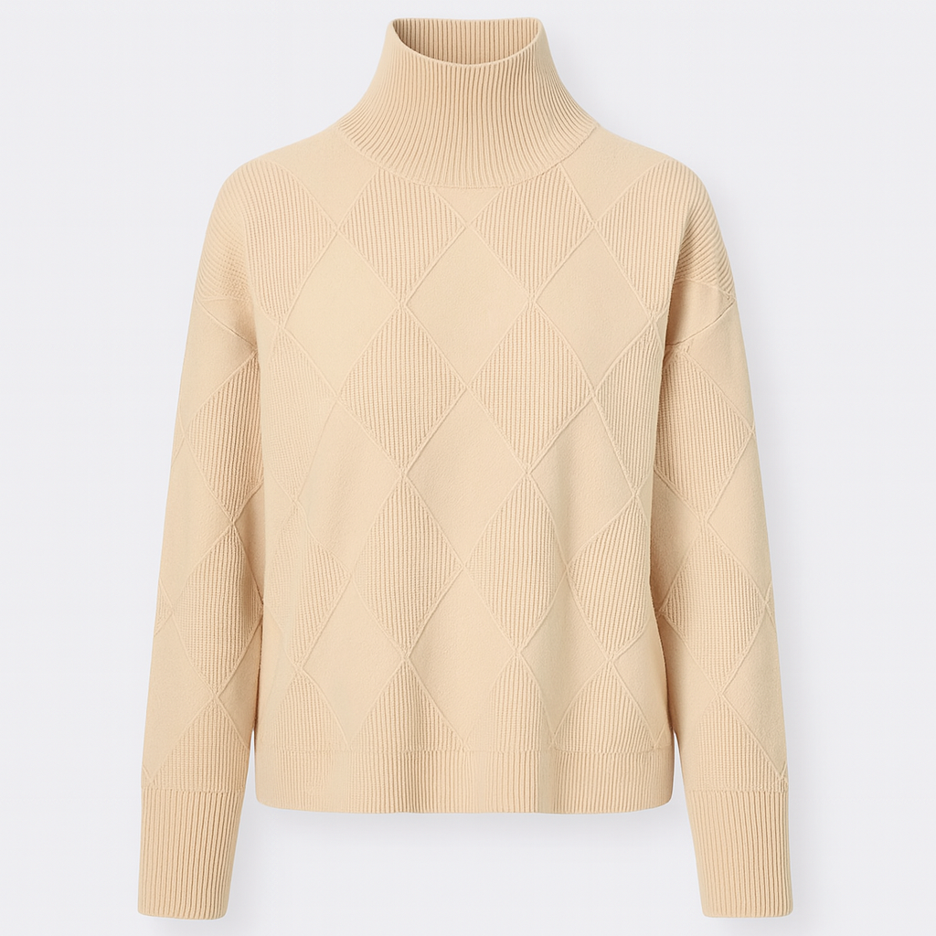 Textured knit turtleneck sweater with long sleeves and geometric diamond pattern.