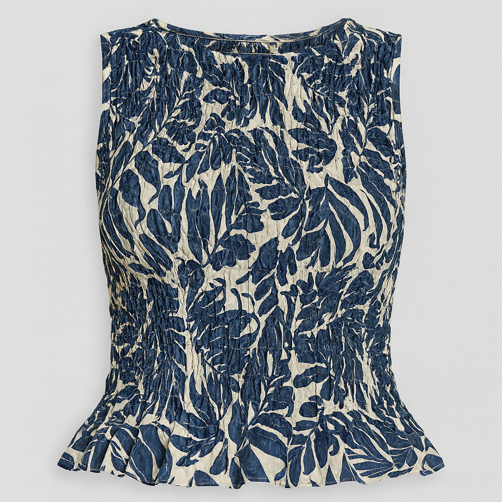 Smocked sleeveless top with blue leaf print on a cream base, featuring a fitted silhouette and round neckline.