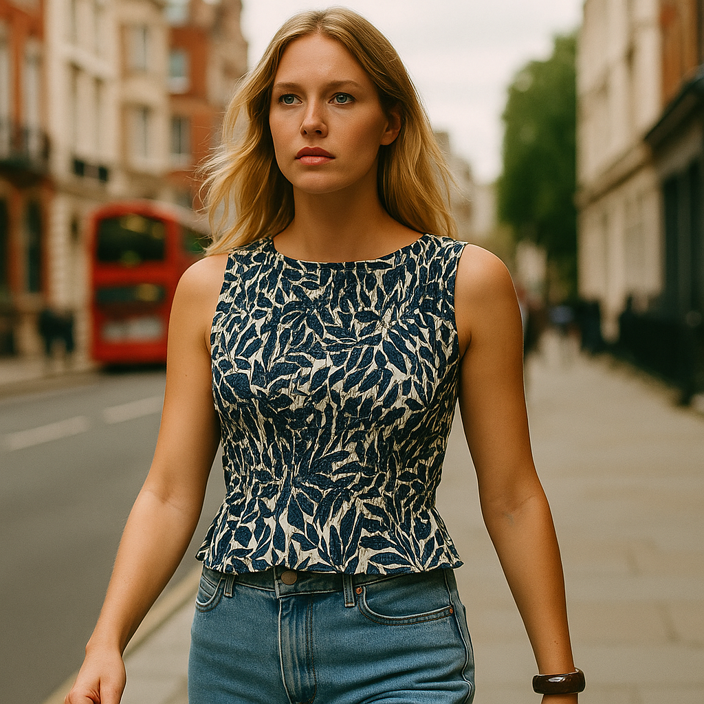 Smocked sleeveless top with blue leaf print on a cream base, featuring a fitted silhouette and round neckline.