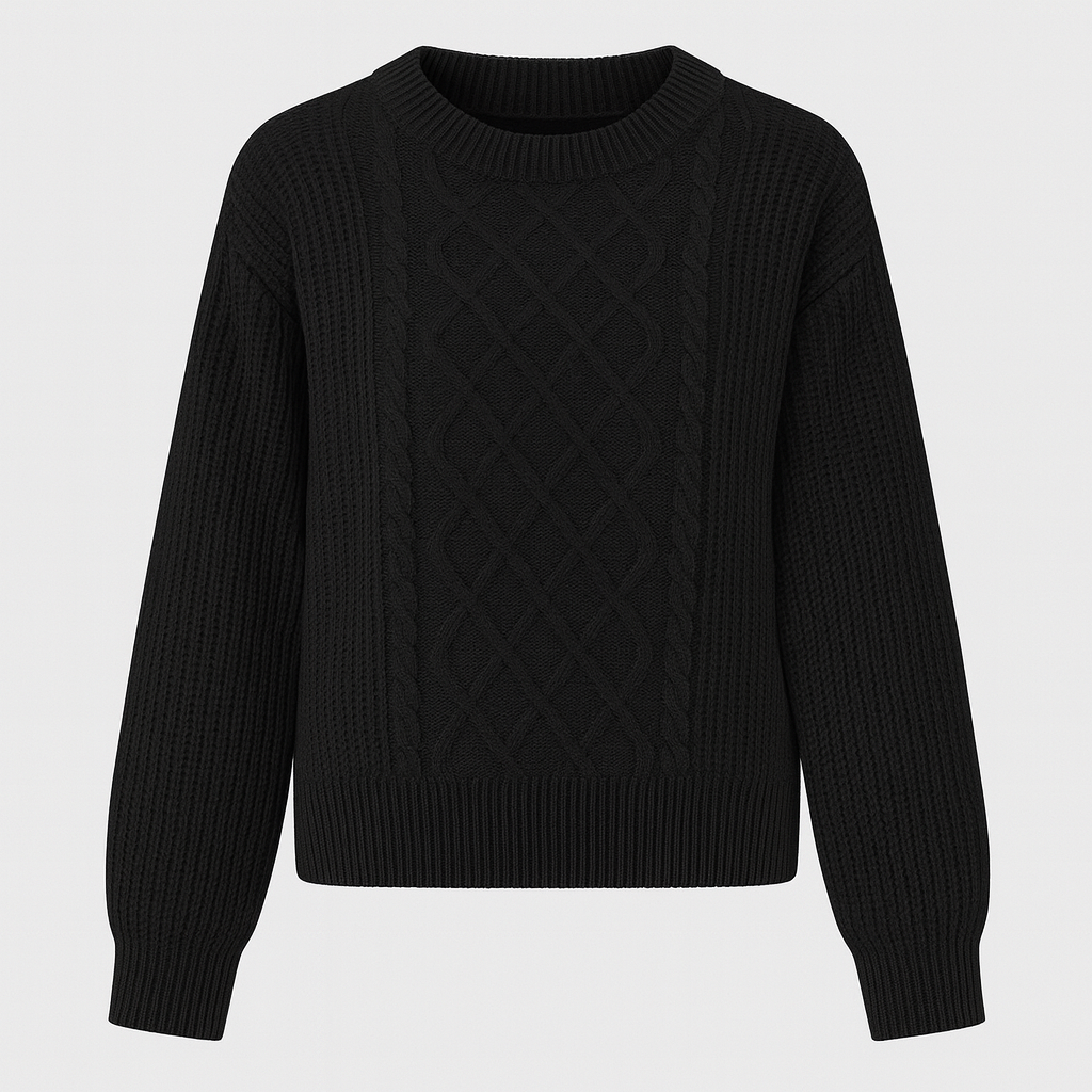 A black cable knit sweater with a diamond cable pattern on the front, balloon sleeves, and ribbed hem