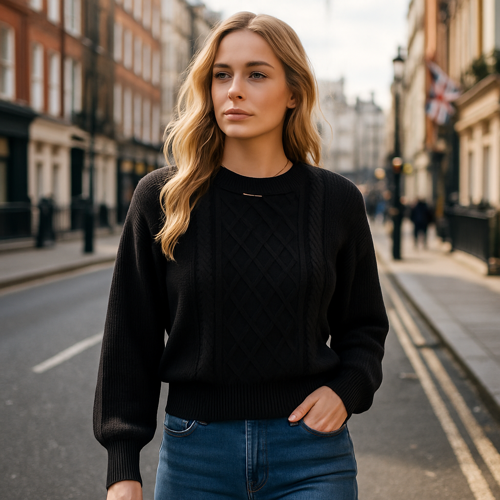 A black cable knit sweater with a diamond cable pattern on the front, balloon sleeves, and ribbed hem