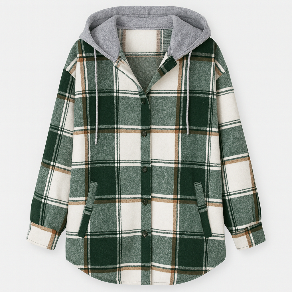 A plaid button-up shacket featuring a relaxed fit, front pockets, and a gray hood with drawstrings. The cozy layered design combines a flannel shirt and hoodie style for a casual, comfortable look.