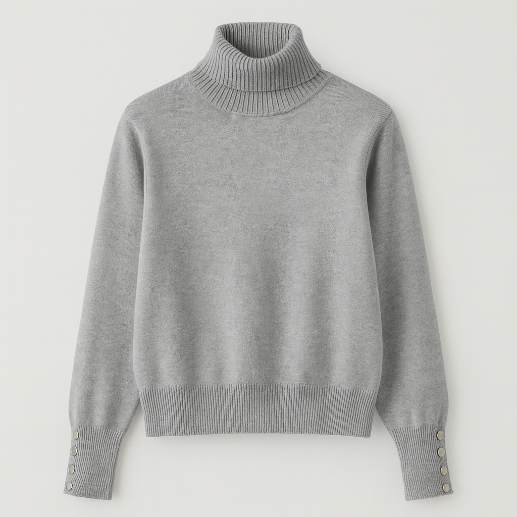 A light grey turtleneck sweater with ribbed neckline, ribbed hem, and decorative button cuffs
