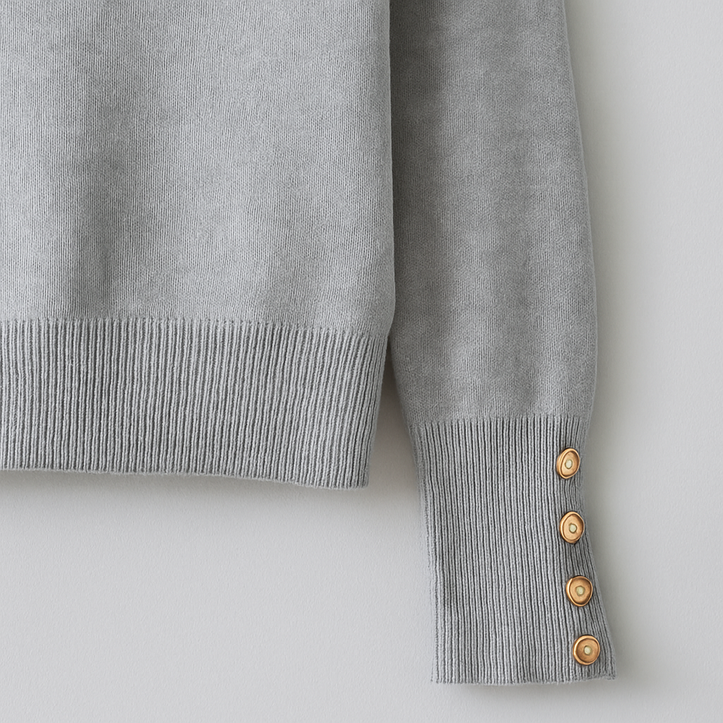 A light grey turtleneck sweater with ribbed neckline, ribbed hem, and decorative button cuffs