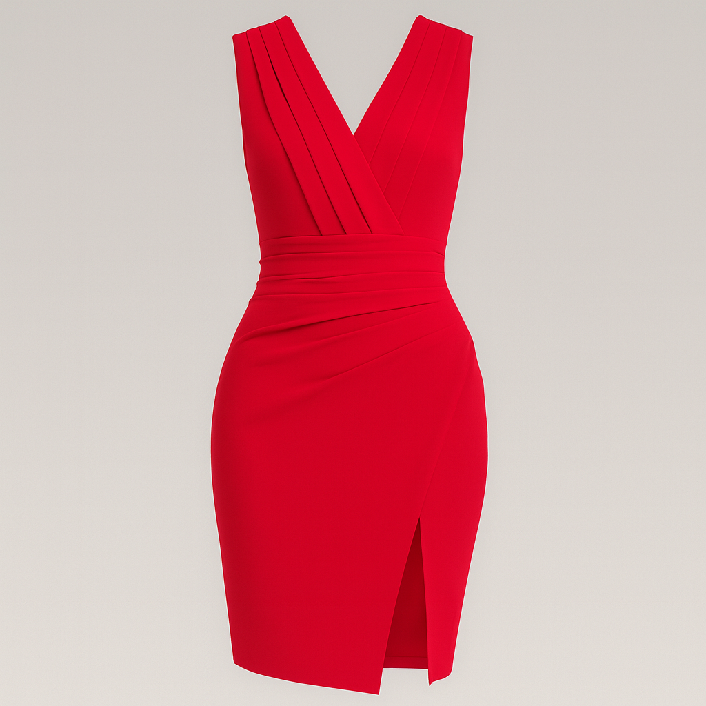 Sleeveless wrap dress with pleated V-neckline, fitted waist, draped skirt, and front slit.