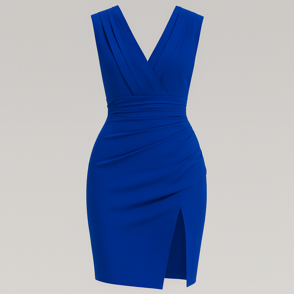 Sleeveless wrap dress with pleated V-neckline, fitted waist, draped skirt, and front slit.